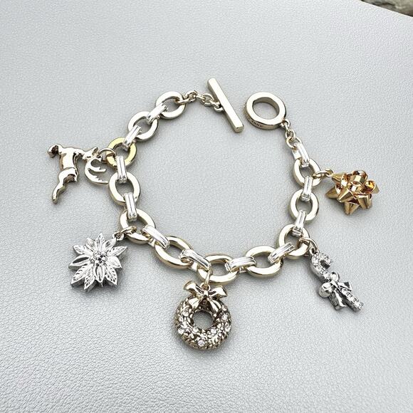 Christmas Charm Bracelet Anne Klein Gold Silver Mixed Metal Holiday Jewelry - Picture 1 of 4